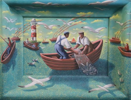 § Pamela Jane Crook (1945-) Fishers overall 16 x 20in.